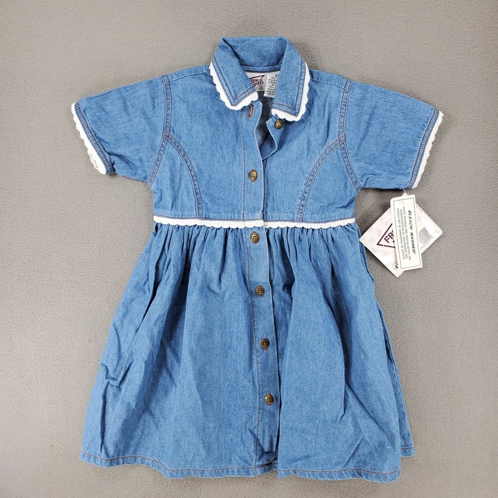 French Toast Denim Dress Kids 4T Blue Vintage Eyelet Lace Button Front NEW